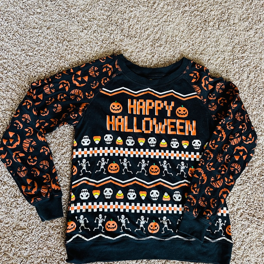 Halloween Themed Sweater with Pumpkin and Skeleton Design